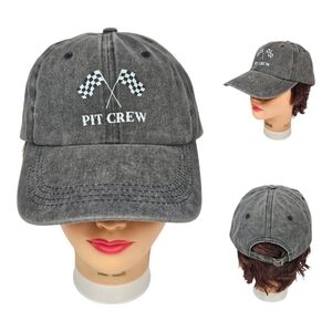 Pit Crew Racing Flag Strapback Hat‎ Adjustable Baseball Cap Distressed Black